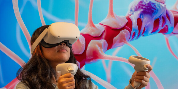 A person wears virtual reality equipment.