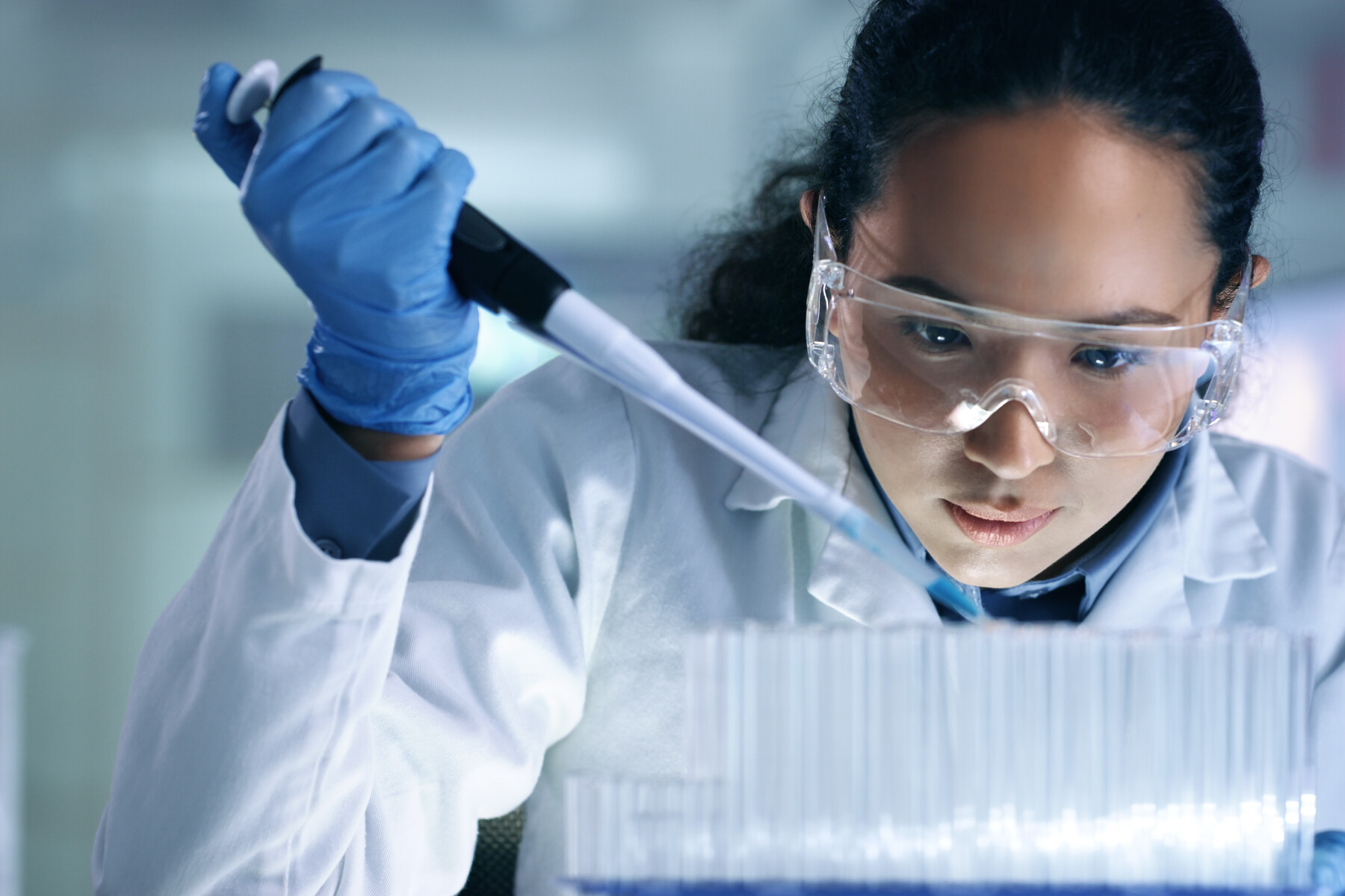 Scientist pipettes liquid into test tubes