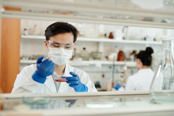 A researcher works at a lab bench