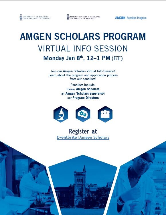 AMGEN Scholars Program information flyer; scientist works in a lab, campus building, scientist works at a lab bench