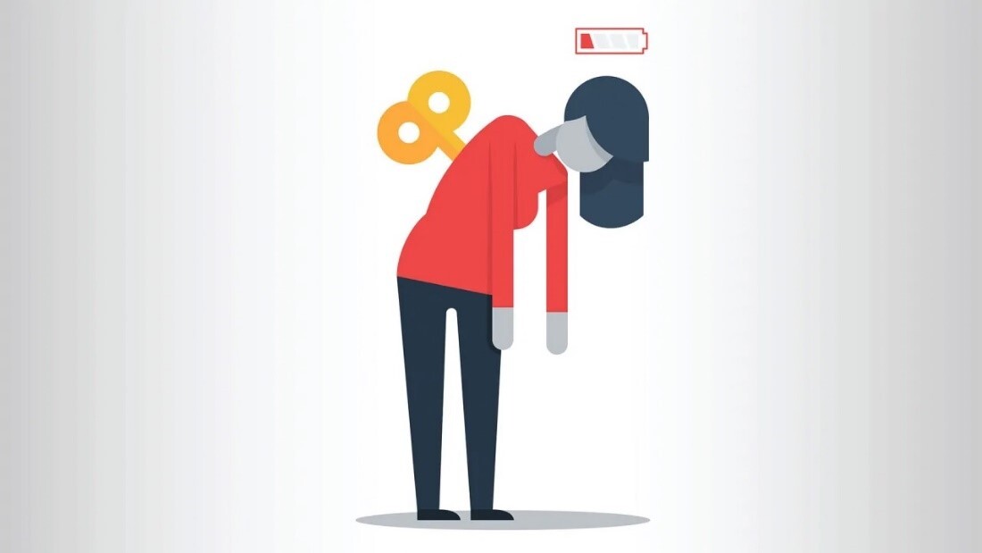 cartoon person slumped over with a winder on their back and a low battery symbol