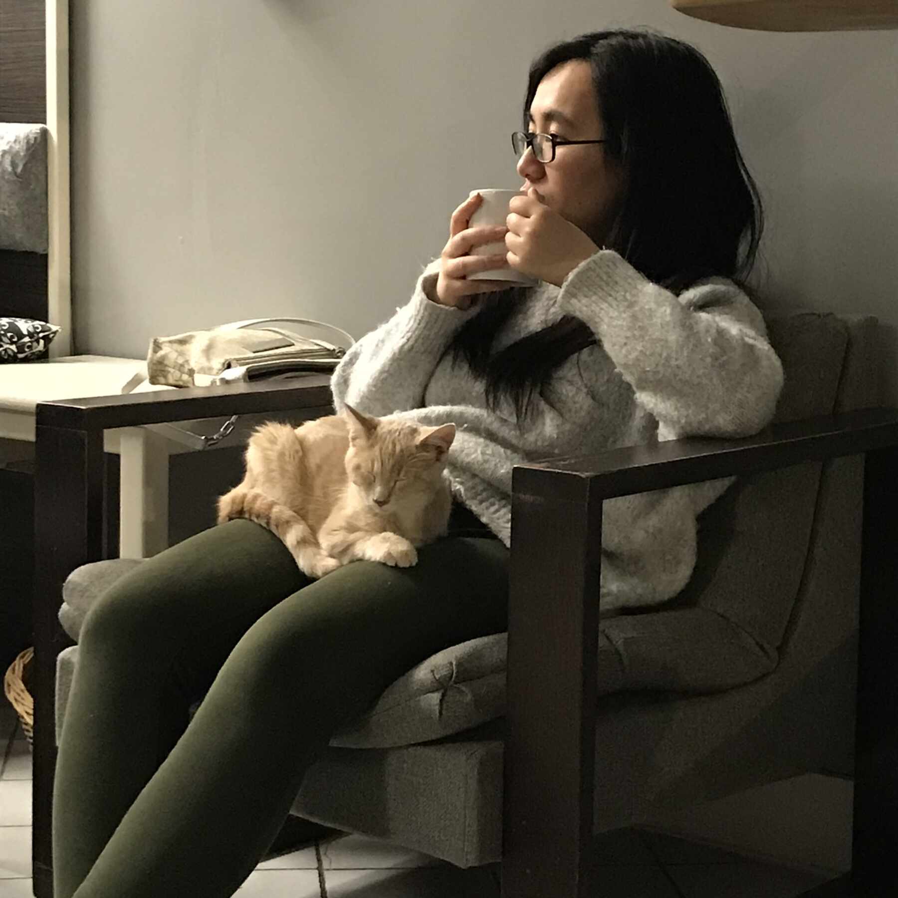 Beatrice Chen sitting in a chair, drinking from a mug, with a cat on her lap.